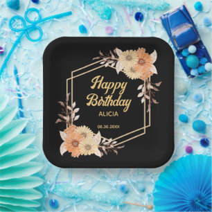 Fall Orange Blume Gold Black Happy Geburtstag Pappteller