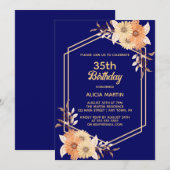 Fall Orange Blume Gold Navy Blauer Erwachsener Einladung (Vorne/Hinten)