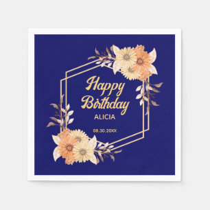 Fall Orange Blume Gold Navy Blue Happy Geburtstag Serviette