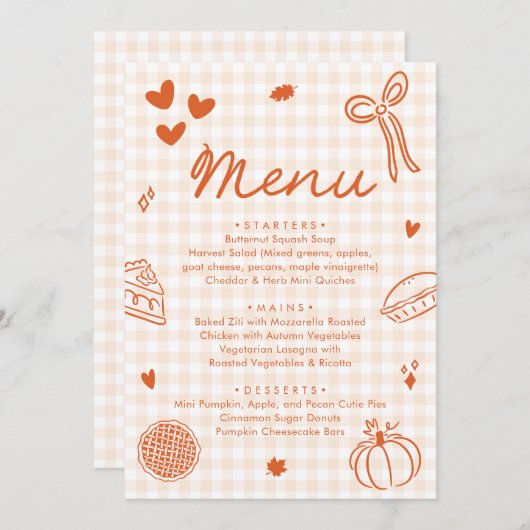 Fall Orange Hand Drawn A Little Cutie Pie Menu Einladung (Vorne/Hinten)