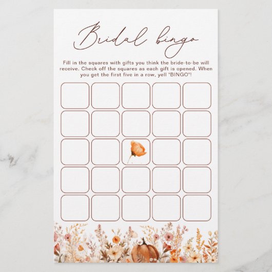 Fall Orange Pumpkin Brautparty Bingo Game (Vorderseite)