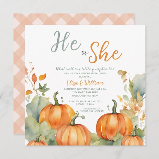 Fall Orange Pumpkin, He or she Gender Reveal Einladung (Vorne/Hinten)