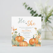 Fall Orange Pumpkin, He or she Gender Reveal Einladung (Stehend Vorderseite)