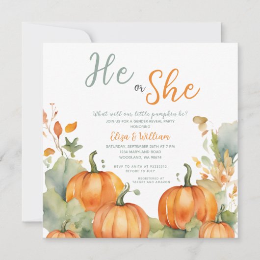 Fall Orange Pumpkin, He or she Gender Reveal Einladung (Vorderseite)