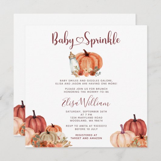 Fall Orange Pumpkin Milk Flasche Baby Sprinkle Einladung (Vorne/Hinten)