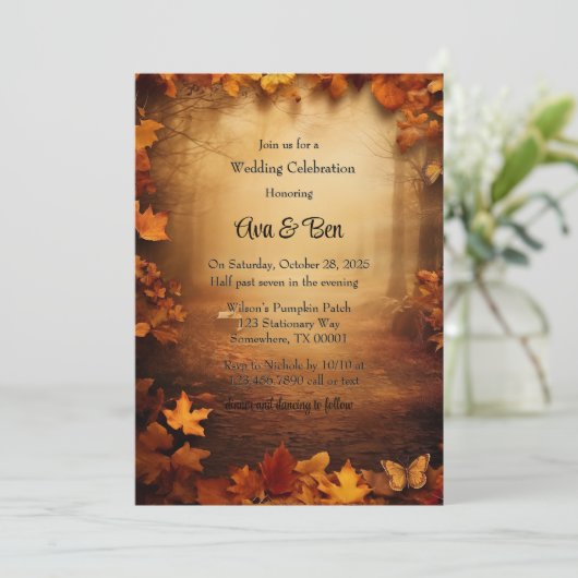 Fall Orange Trees Rustikale Hochzeitsstimmung Einladung (Stehend Vorderseite)