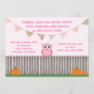 Fall Owl on Fence Pink zum Geburtstag Einladung