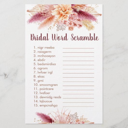 Fall Pampas Grass Boho Bridal Word Scramble Spiel (Vorderseite)