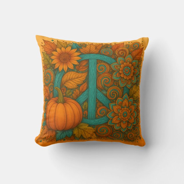 Fall Peace Sign Pumpkins Turquoise & Orange Pillow Kissen (Vorderseite)