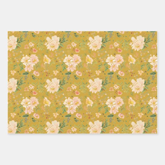 Fall Peach Blume Wasserfarbe auf Ceyllin Gelb Geschenkpapier Set (Vorderseite)