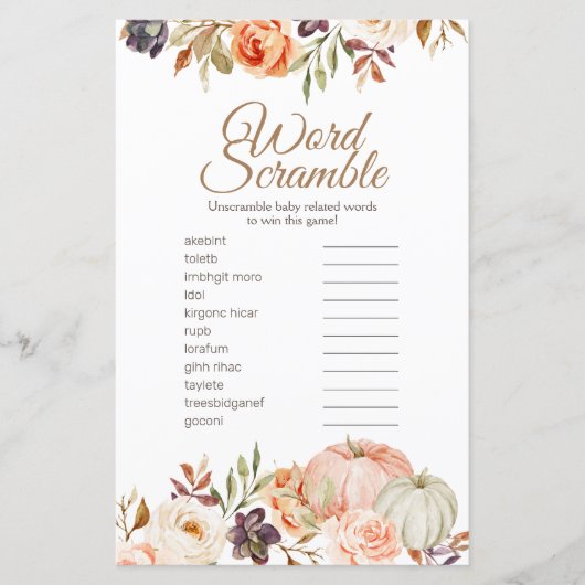 Fall Peach Pumpkin Rustic Word Scramble (Vorderseite)