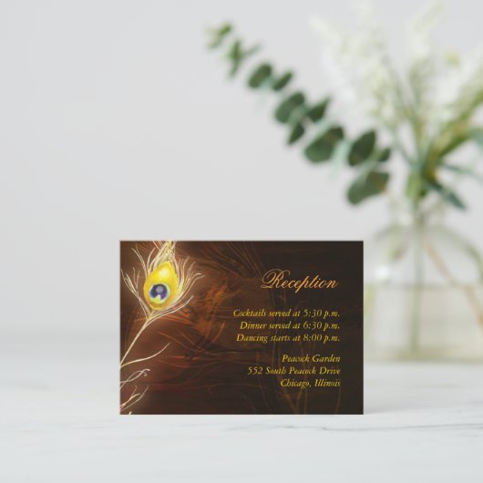 Fall Peacock Feather Hochzeitsempfang Begleitkarte (Stehend Vorderseite)