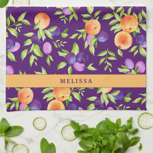 Fall Pfirsiche Pflaumen Lila grünes Orange Niedlic Geschirrtuch (Gefaltet)