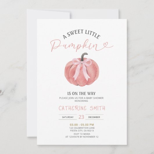 Fall Pink Bow Pumpkin Baby Shower  Einladung (Vorderseite)