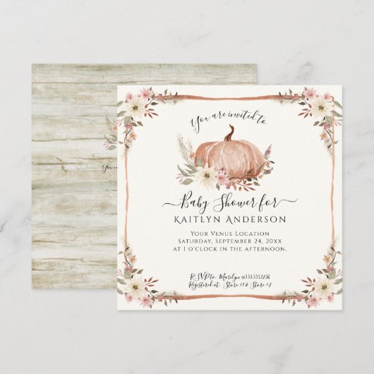 Fall Pink Floral Pumpkin Baby Dusche QR-Code Einladung (Vorne/Hinten)