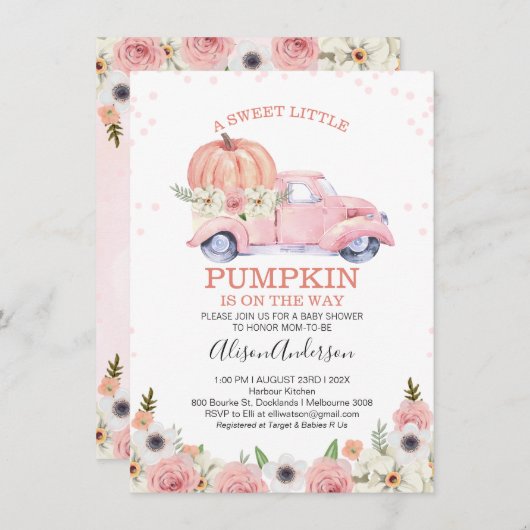 Fall Pink Floral Pumpkin Truck Baby Dusche Einladung (Vorne/Hinten)