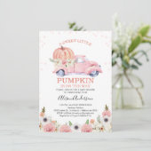 Fall Pink Floral Pumpkin Truck Baby Dusche Einladung (Stehend Vorderseite)