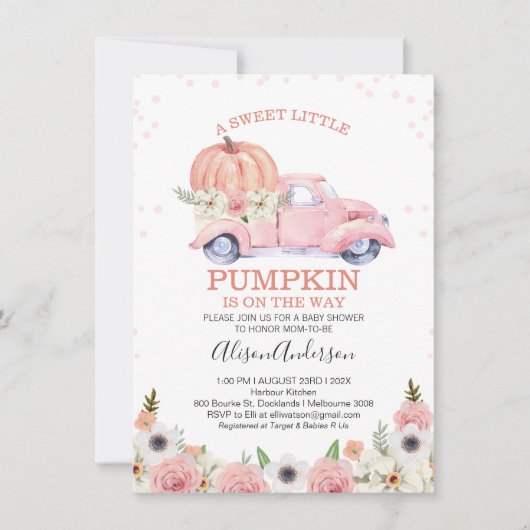 Fall Pink Floral Pumpkin Truck Baby Dusche Einladung (Vorderseite)