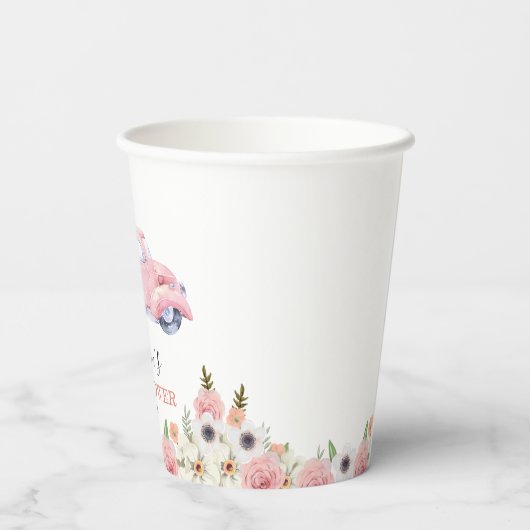 Fall Pink Floral Pumpkin Truck Baby Dusche Pappbecher (Rückseite)