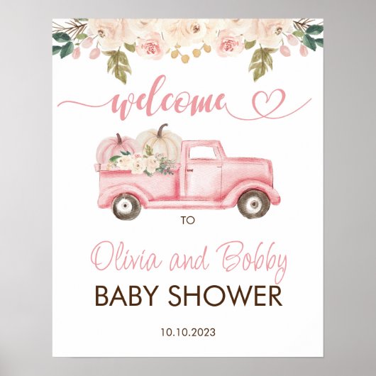 Fall Pink Floral Pumpkin Truck Baby Dusche Willkom Poster (Vorne)