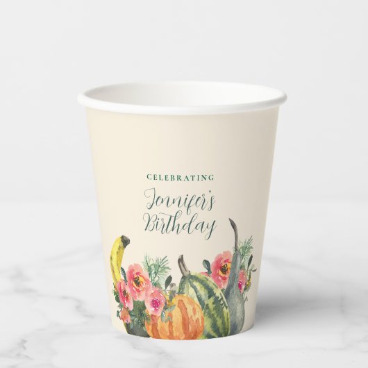 Fall Pink Floral Pumpkins Autumn Birthday Party Pappbecher (Vorderseite)