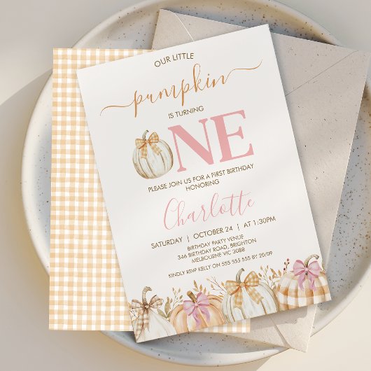 Fall Pink Girls Kariert Little Pumpkin 1. Geburtst Einladung