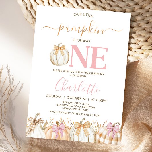 Fall Pink Girls Kariert Little Pumpkin 1. Geburtst Einladung