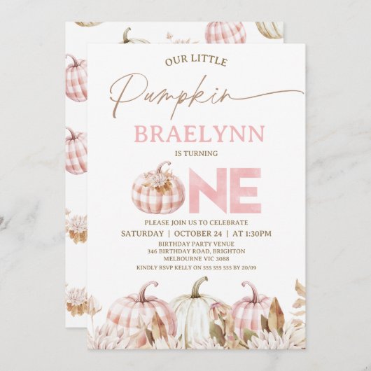 Fall Pink Girls Plaid Pumpkin First Birthday Einladung (Vorne/Hinten)