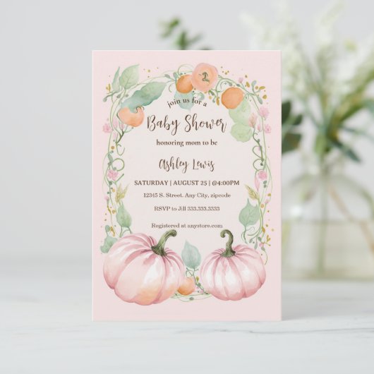 Fall Pink Pumpkin Baby Dusche Einladung (Stehend Vorderseite)