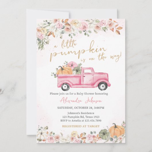 Fall Pink Pumpkin Baby Dusche Einladung (Vorderseite)