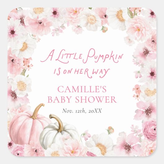 Fall Pink Pumpkin Gevor Baby Dusche Quadratischer Aufkleber (Vorderseite)