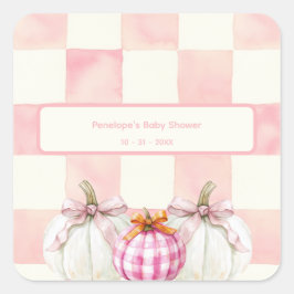 Fall Pink Pumpkin Gingham Girl Baby Dusche Quadratischer Aufkleber