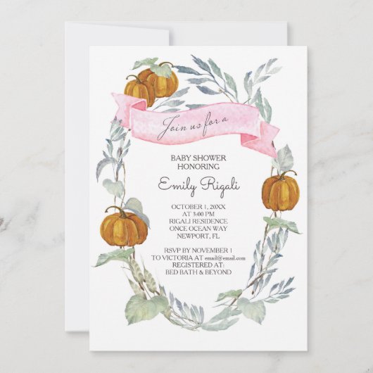 Fall Pink Pumpkin Greenerenery Baby Shower Einladung (Vorderseite)