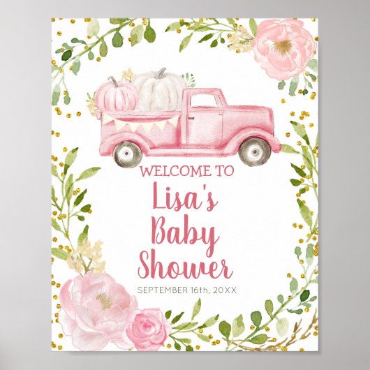 Fall Pink Pumpkin Truck Baby Shower Welcome Sign Poster (Vorne)