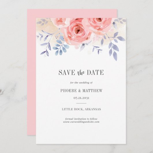Fall Pink Roses Aquarell Lilac Foliage Save The Date (Vorne/Hinten)