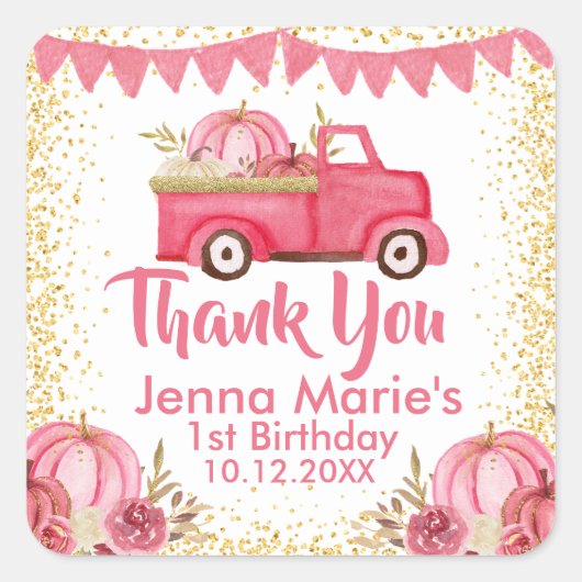 FALL PINK TRUCK PUMPKIN 1. GEBURTstag Quadratischer Aufkleber (Vorderseite)