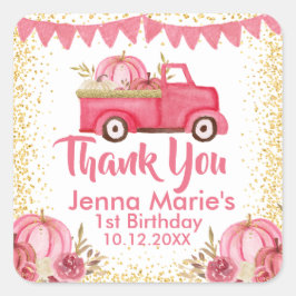 FALL PINK TRUCK PUMPKIN 1. GEBURTstag Quadratischer Aufkleber