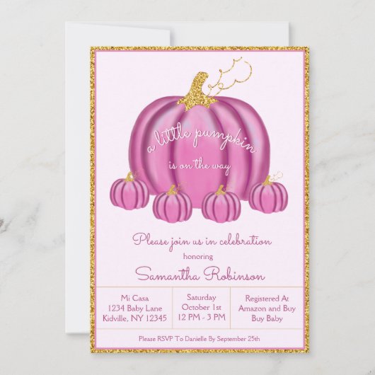 Fall Pink und Gold Pumpkin Girl Dusche Einladung (Vorderseite)