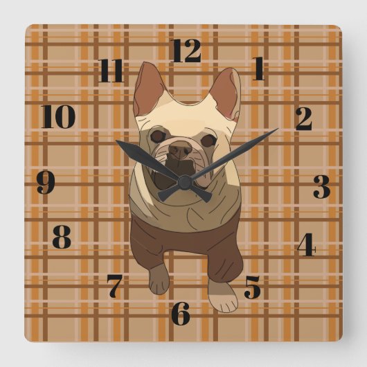 Fall Plaid French Bulldog Quadratische Wanduhr (Vorderseite)