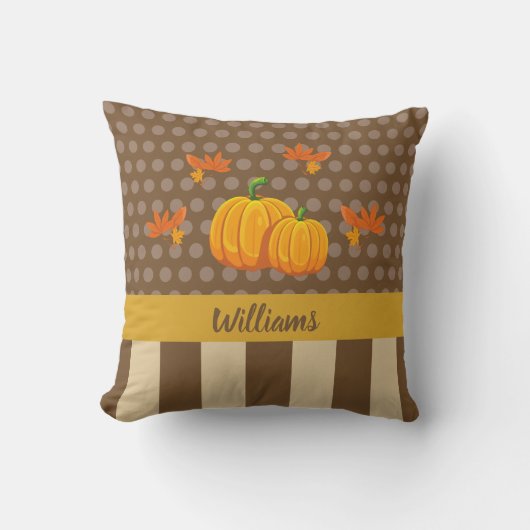Fall Polka Dot Pumpkin mit Familienname Kissen (Vorderseite)