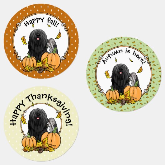 Fall Puli Hund (schwarz) Pumpkins Blätter Niedlich Etiketten (Gruppe)