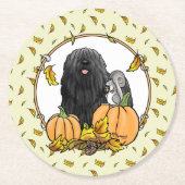 Fall Puli Hund (schwarz) Pumpkins Blätter Niedlich Runder Pappuntersetzer (Vorderseite)