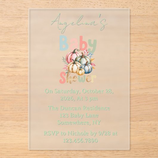 Fall Pumpkin Baby Dusche Acryleinladungen (Vorderseite)