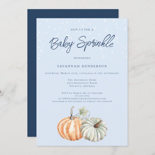 Fall Pumpkin Baby Dusche Blue Sprinkle Einladung (Vorne/Hinten)