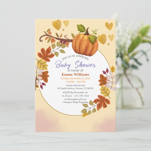 Fall Pumpkin Baby Dusche Einladung (Stehend Vorderseite)