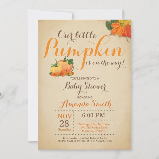 Fall Pumpkin Baby Dusche Einladung Orange Brown (Vorderseite)