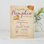Fall Pumpkin Baby Dusche Einladung Orange Lila (Stehend Vorderseite)