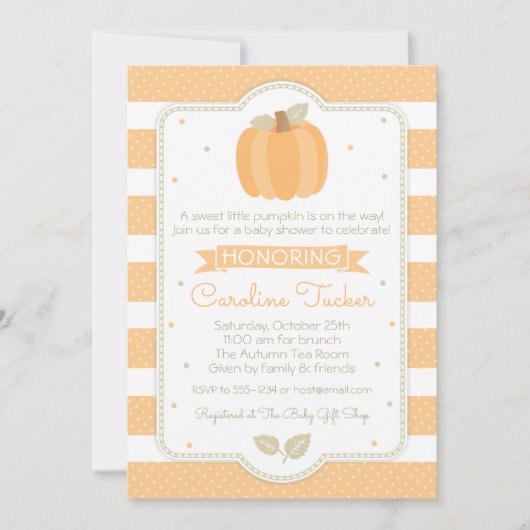 Fall Pumpkin Baby Dusche Einladung Orange Streifen (Vorderseite)