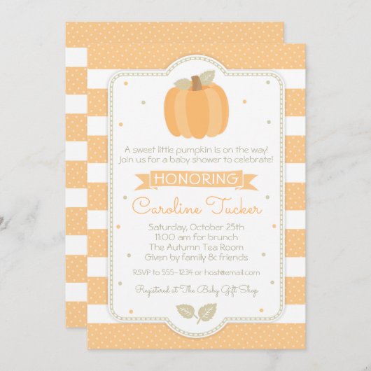 Fall Pumpkin Baby Dusche Einladung Orange Streifen (Vorne/Hinten)