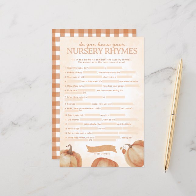 Fall Pumpkin Baby Dusche Kinderzimmer Rhyme Game (Vorderseite/Rückseite Beispiel)